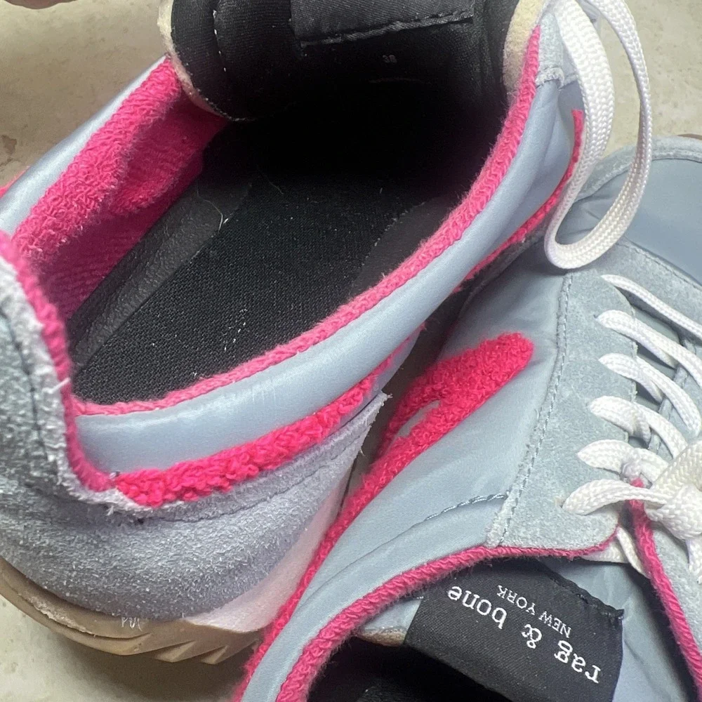 Rag‎ & Bone Retro Runner Sneakers in Slate Grey and Neon Pink Bouclé | Sz 38